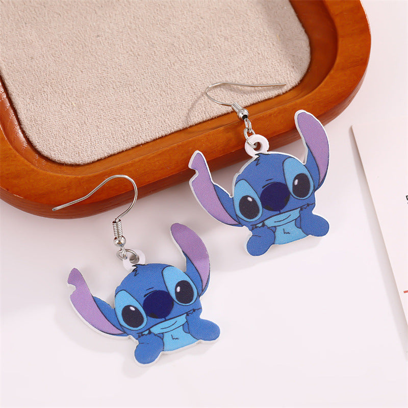 Pendientes de tuerca acrílicos de Stitch de dibujos animados con forma de lazo e incrustaciones de perlas para niños