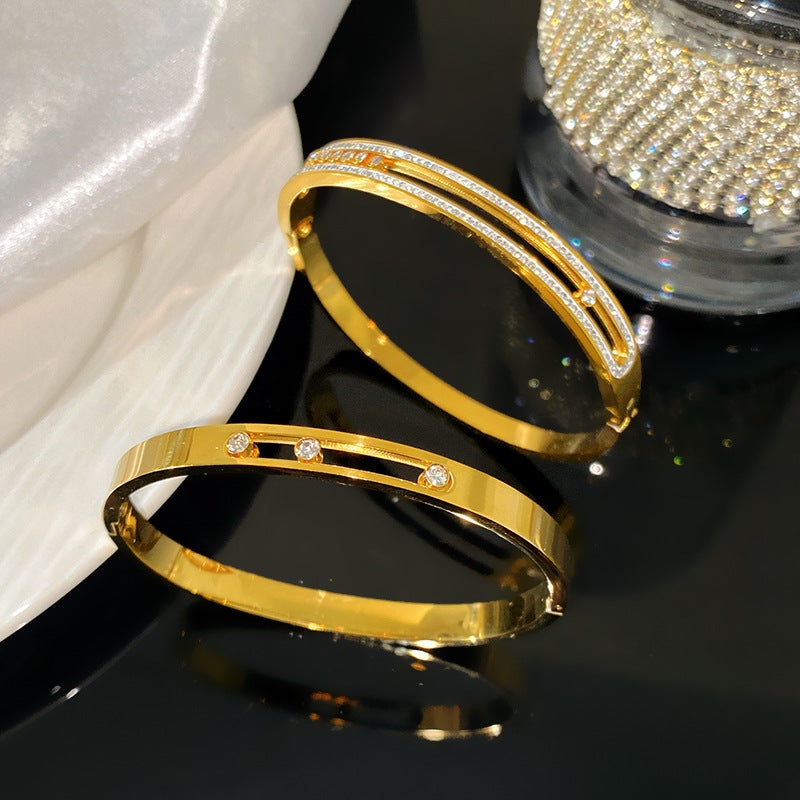 Minimalist Titanium Steel Geometric Bracelet with Micro-Inlaid Cubic Zirconia and Plated Finish