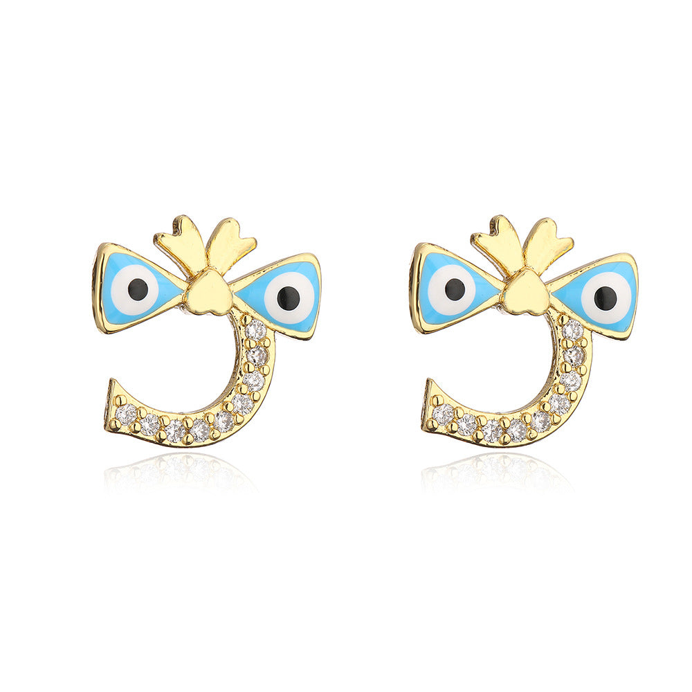 Cute Irregular Geometric Blue-Eye Stud Earrings for Women in Copper with INS-Inspired and Unique Personality Style