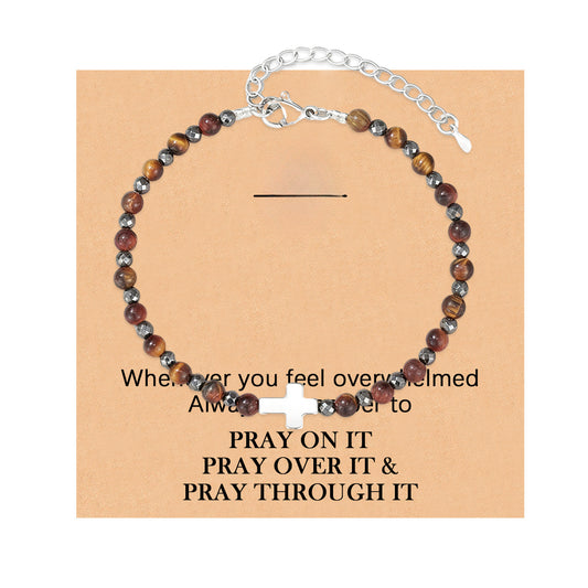 Minimalist 6mm Tiger Eye Cross Bracelet Polished Adjustable Magnetic Clasp