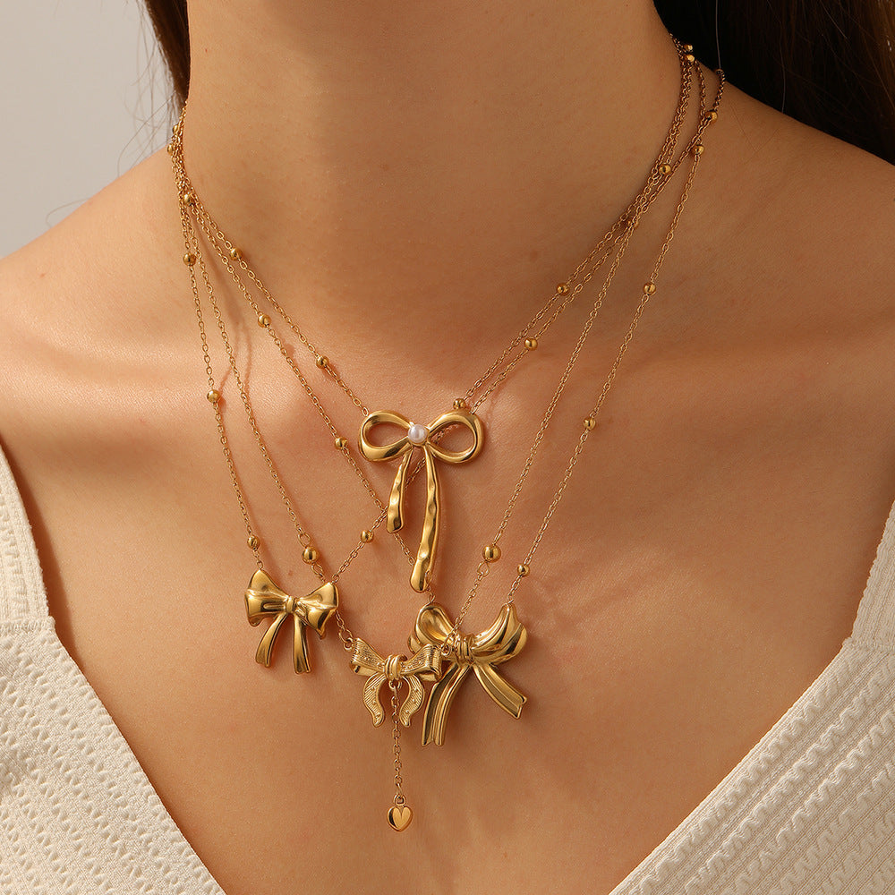 Irregular Bow Knot Heart Pendant Plated Stainless Steel Necklace with Chain Tassel for Women