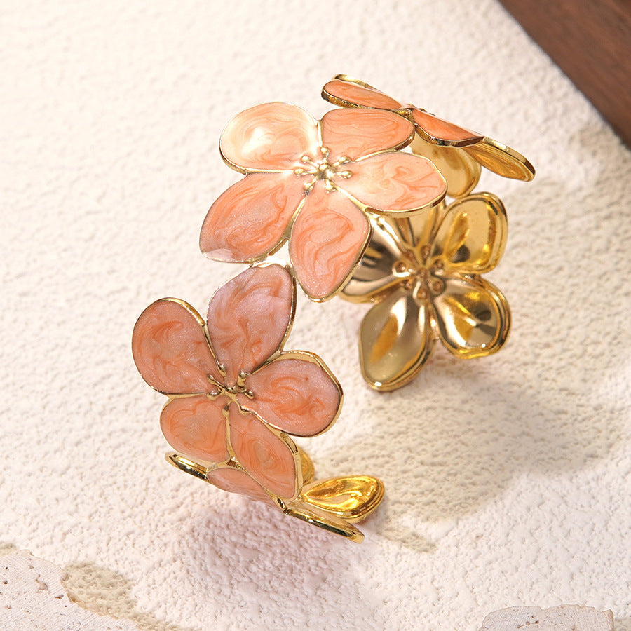 Minimalist Elegant Floral Drip Oil Stainless Steel Cuff Bracelet