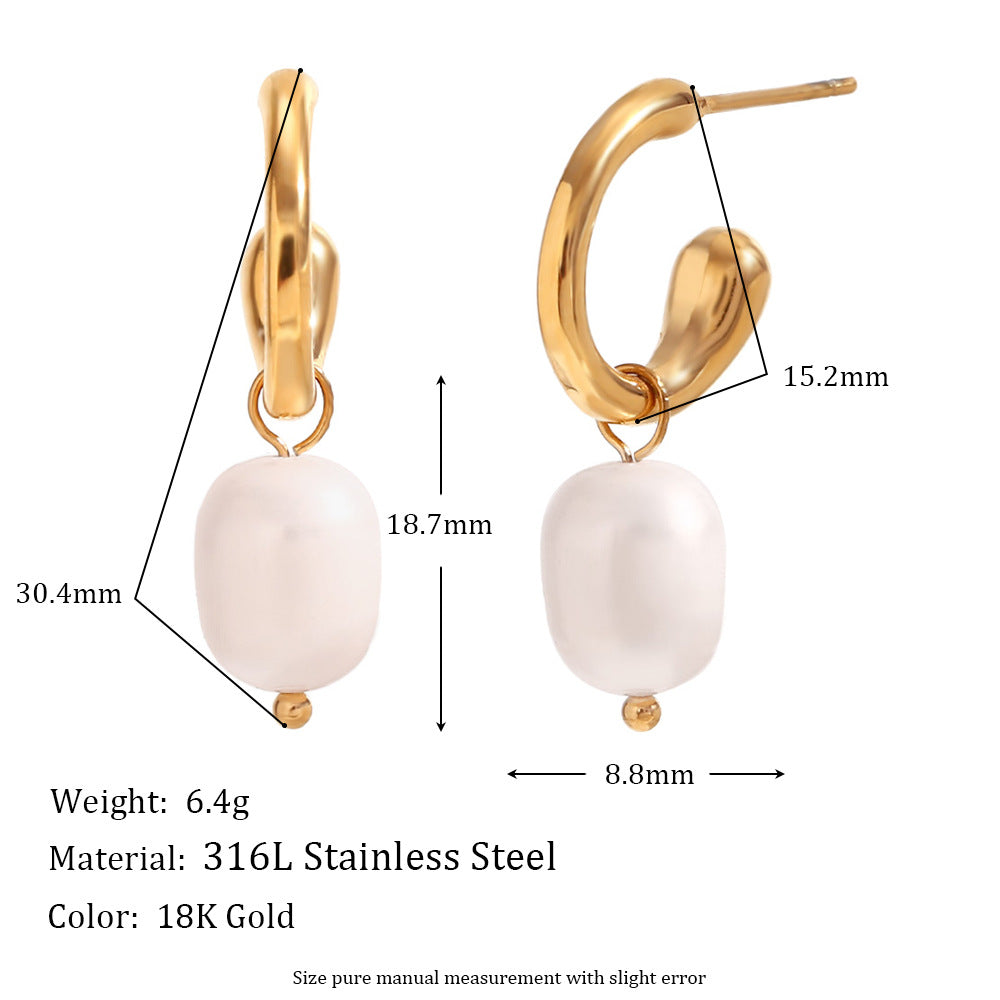 Orecchini da donna geometrici in acciaio inossidabile d'ispirazione vintage con placcatura in oro 18 carati e perle d'acqua dolce