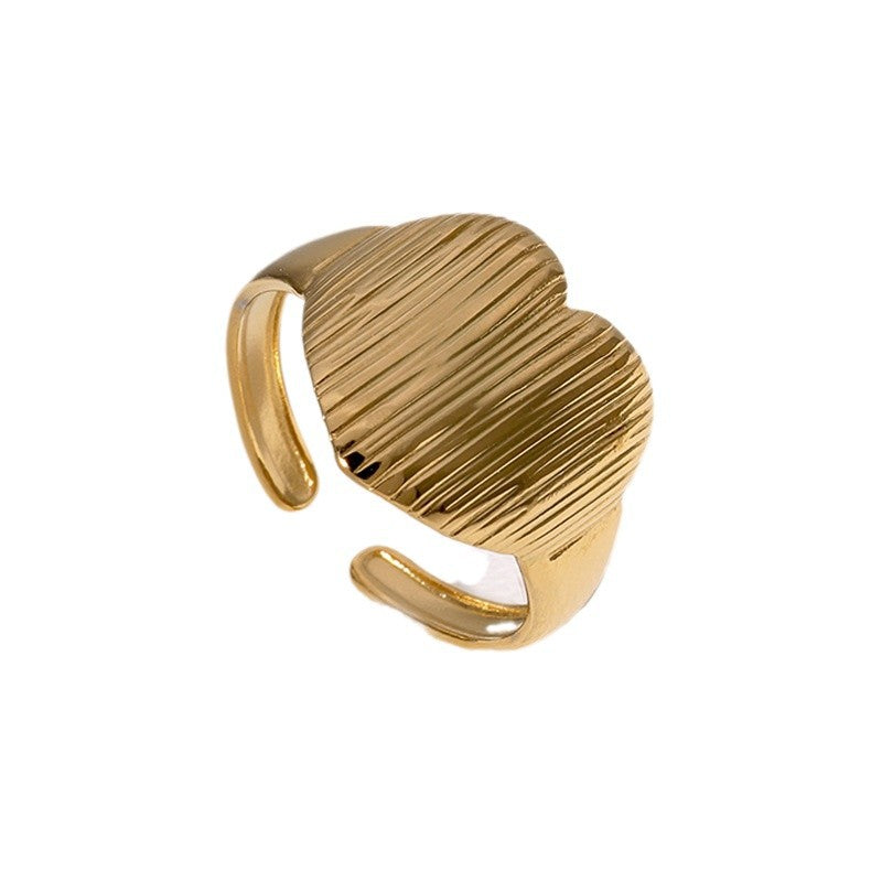 Sweet Minimalist Heart-Shaped Stainless Steel Ring for Women with Gold Plating Adjustable Open Band Finger Ring