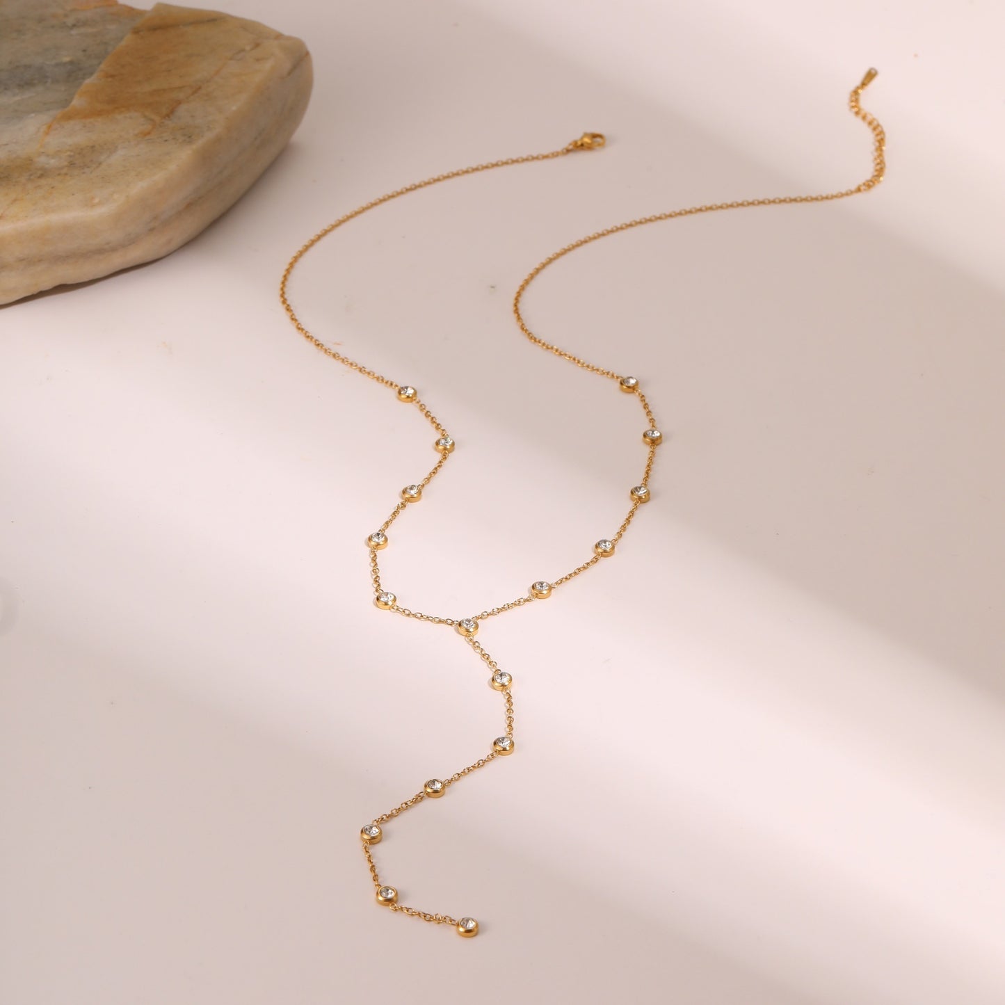 Fashionable OL Geometric Stainless Steel Y-Necklace with Zirconia Pendant and Plated Finish for Women