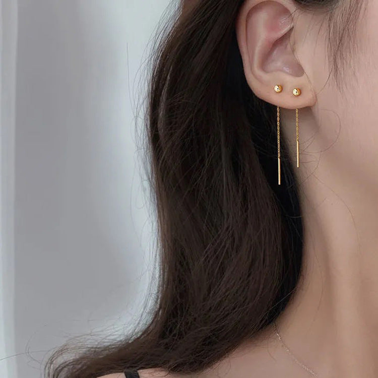 Minimalist Elegant 18K Gold Plated Titanium Steel Geometric Round Bead Long Drop Earrings for Women