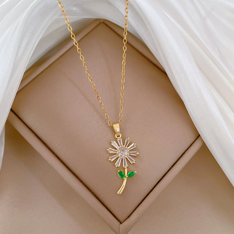 Minimalist Leaf and Floral Pendant Necklace for Women with Rhinestone Inlay on Titanium Steel Snake Chain