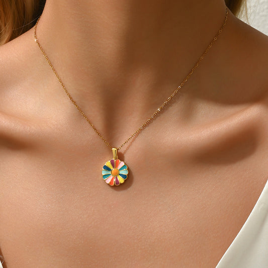 Collar con colgante de girasol de diseño original con esmalte para mujer, forma floral y geométrica, cadena de cobre con colgante de aleación