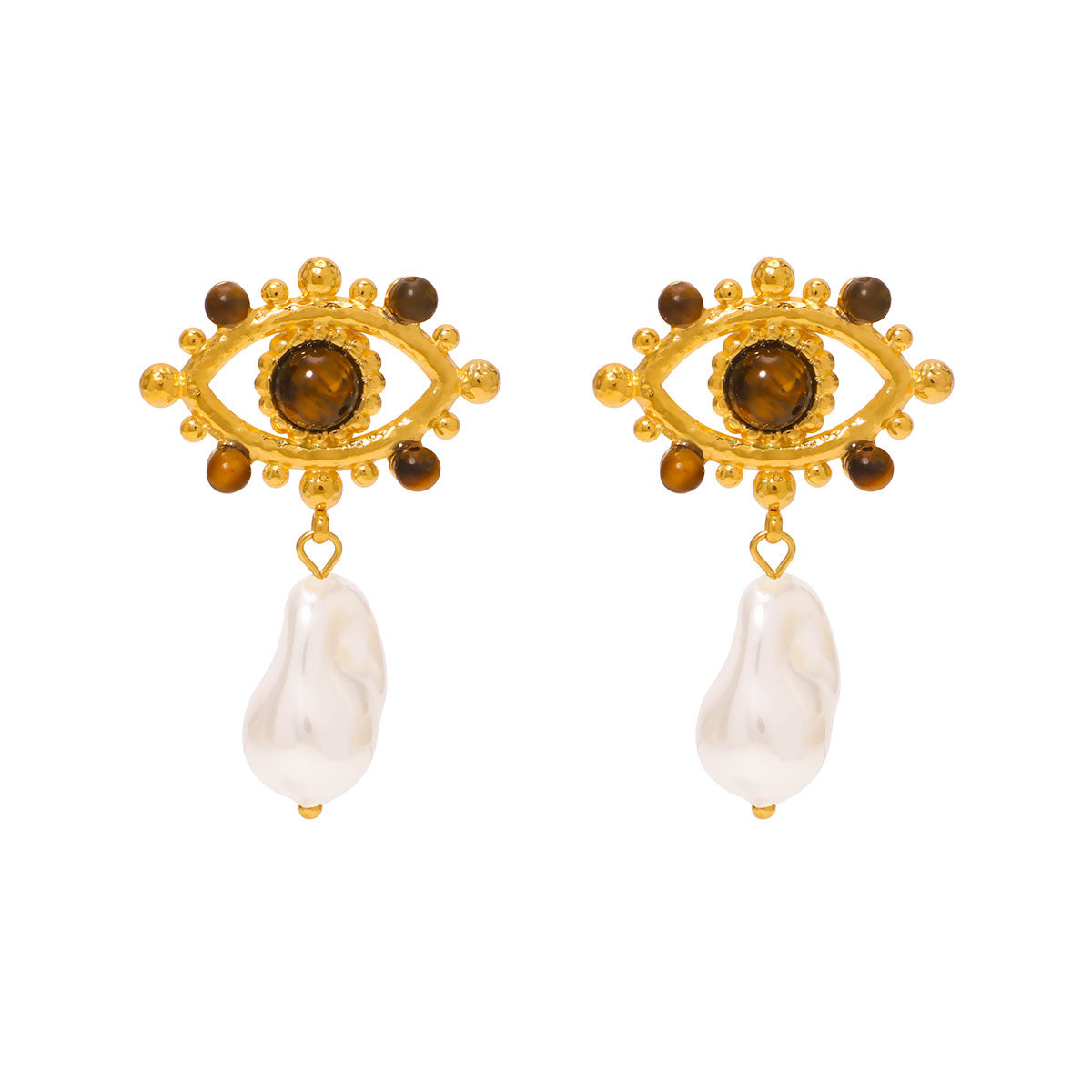 Minimalist Geometric Eye-Shaped Stainless Steel Earrings with Pearl Accents and 18K Gold Plating
