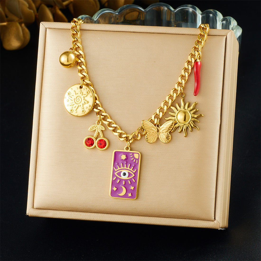 Sweet Streetwear Square Drip Oil Stainless Steel Necklace with Star Moon Butterfly Sun Eye Patterns and Serpentine Chain
