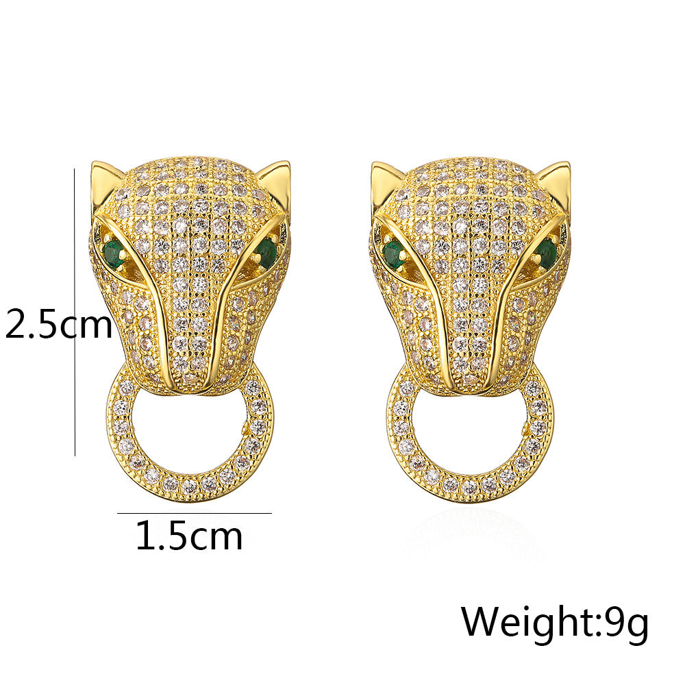 Hip-hop Geometric Leopard Head Brass Gold Plated Cubic Zirconia Stud Earrings for Women