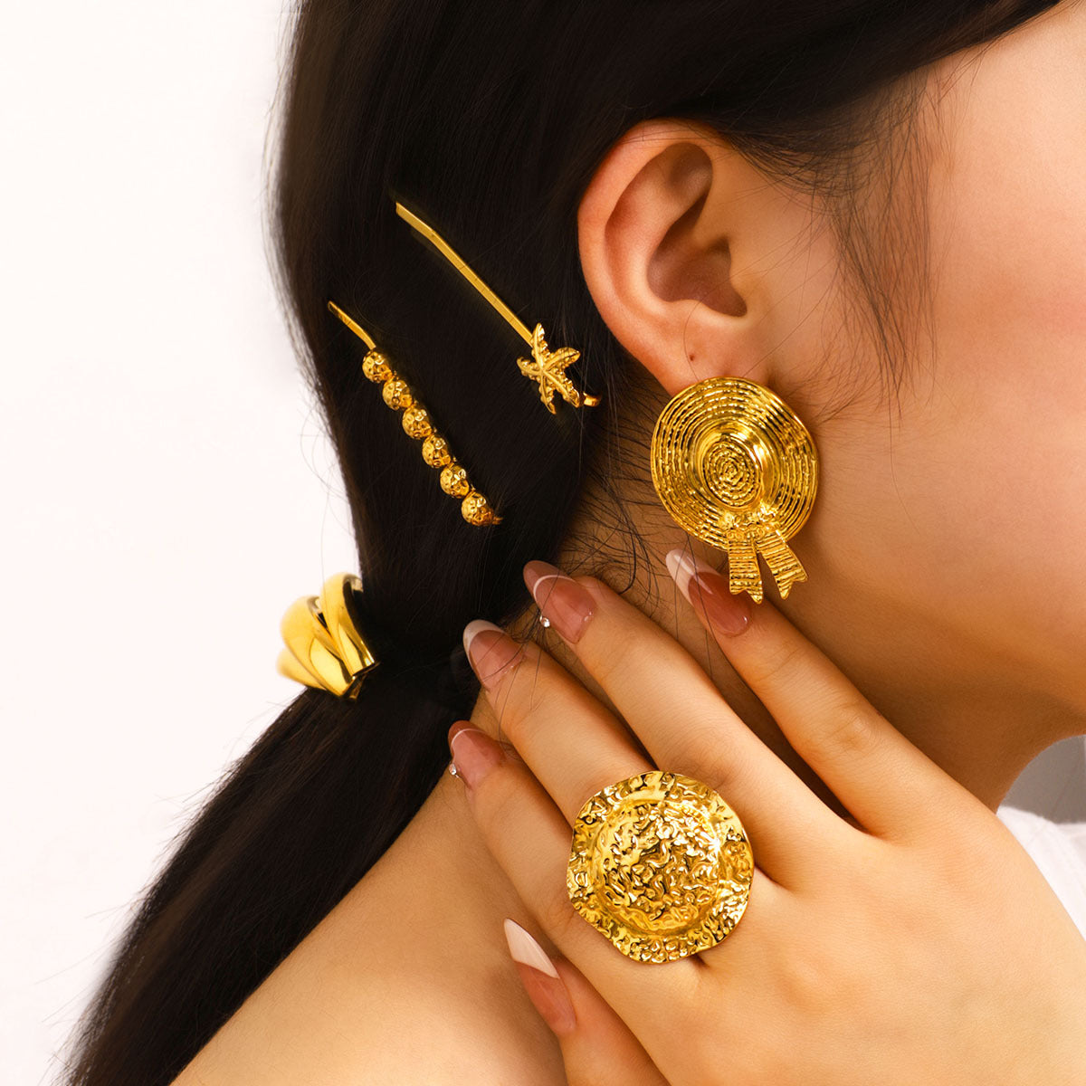 Geometric Textured Open Ring for Women in Stainless Steel with 18K Gold Plating, Matching Earrings Set
