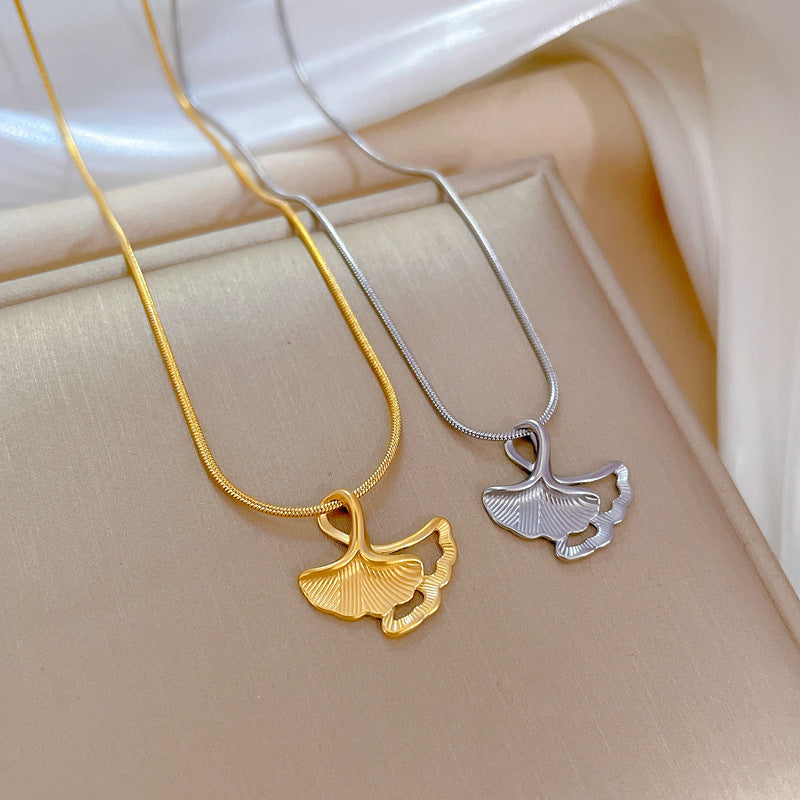 Minimalist Ginkgo Leaf Pendant Necklace in Titanium Steel with Rhinestone Inlay for Women