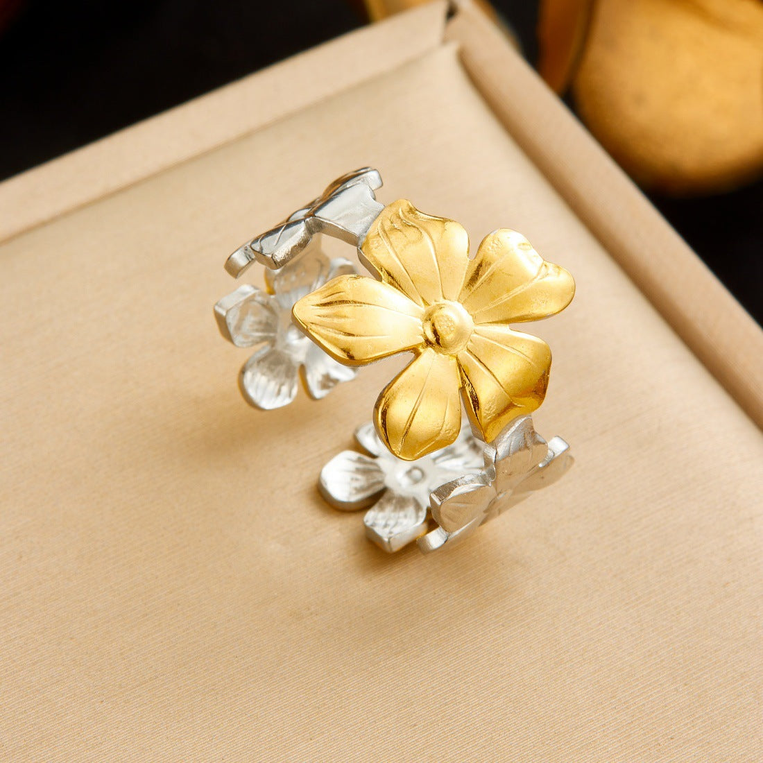 Trendy Gold Plated Floral Bow Stainless Steel Open Ring