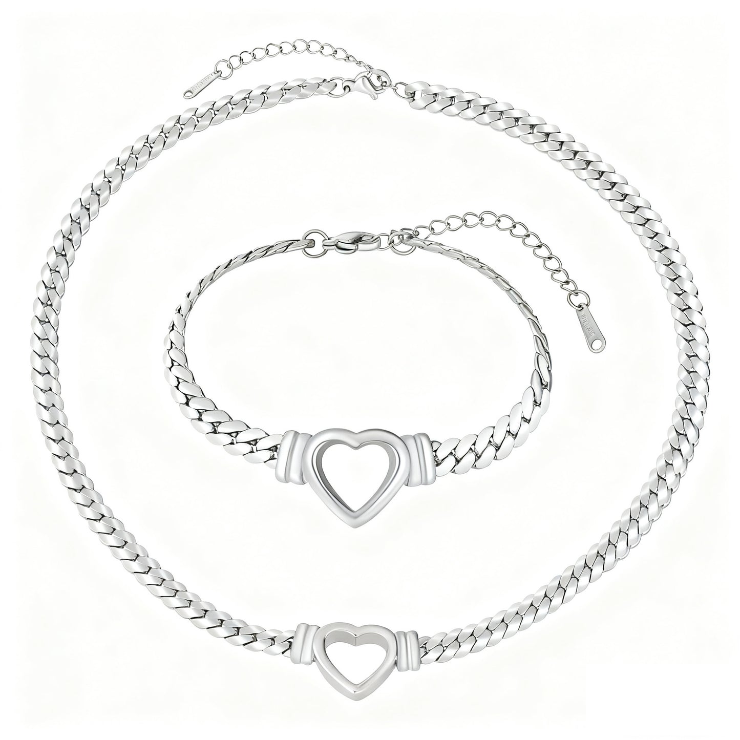 Elegante set collana e bracciale da donna in acciaio inossidabile placcato a forma di cuore