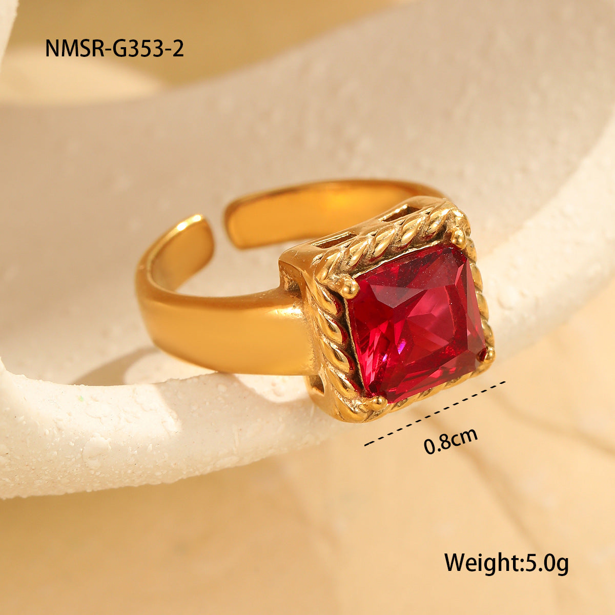 Anillo Abierto Minimalista Geométrico Cuadrado de Circonita de Acero Inoxidable con Baño de Oro de 18K para Mujer