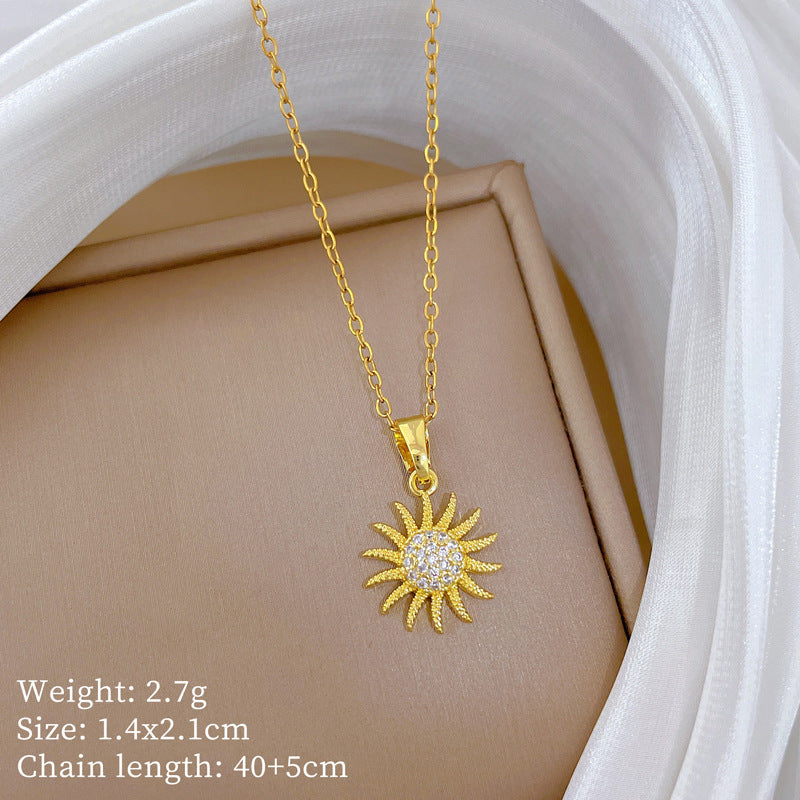 Sweet Minimalist Geometric Rhinestone Sunflower Pendant Titanium Steel Necklace for Women and Men