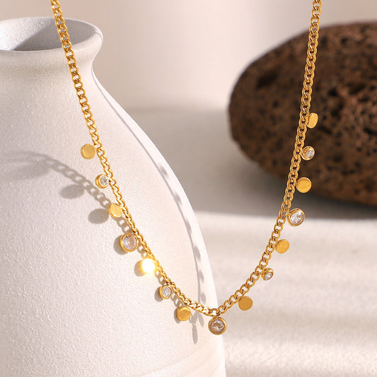 Minimalist Geometric Stainless Steel Plated 18K Gold Zircon Round Pendant Necklace for Women