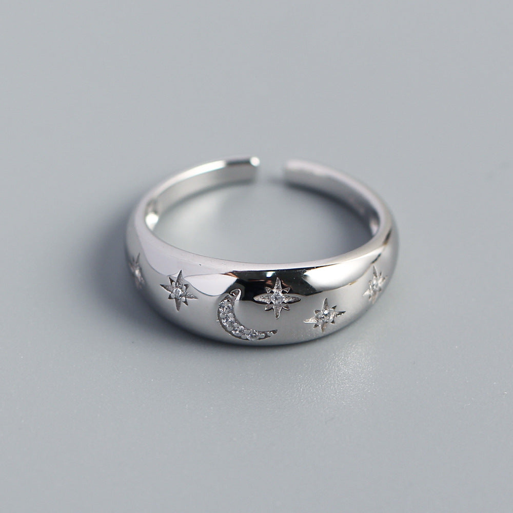 Vintage Minimalist 925 Sterling Silver Geometric Star Moon Rhinestone Inlay Open Ring for Women