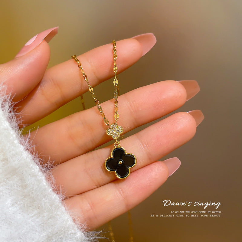 Minimalist Four-Leaf Clover Pendant Necklace in Titanium Steel with Micro-Pavé Zirconia and Fringe Detail