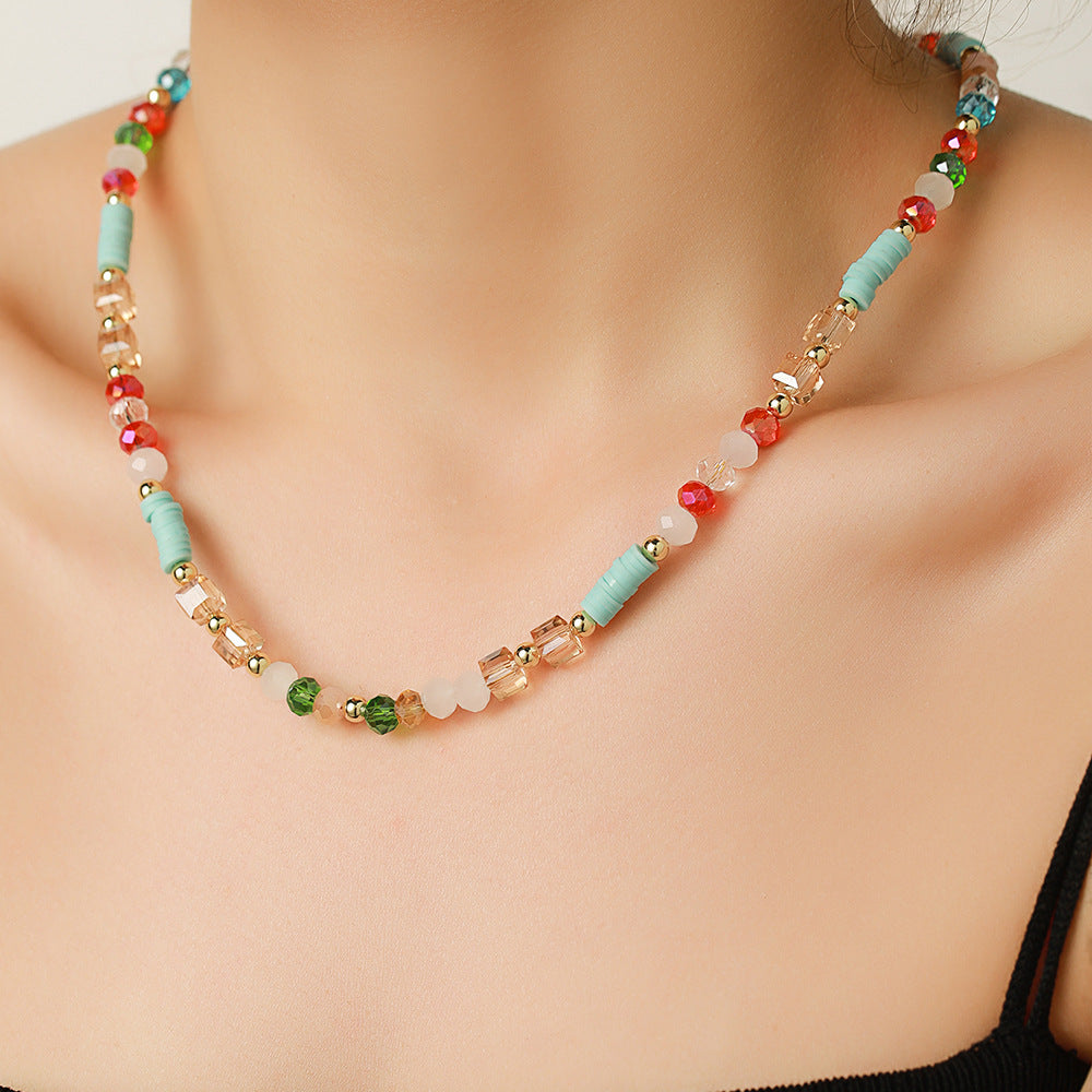 Bohemian Geometric Round Stainless Steel and Resin Beaded Necklace with Titanium Steel Pendant for Women