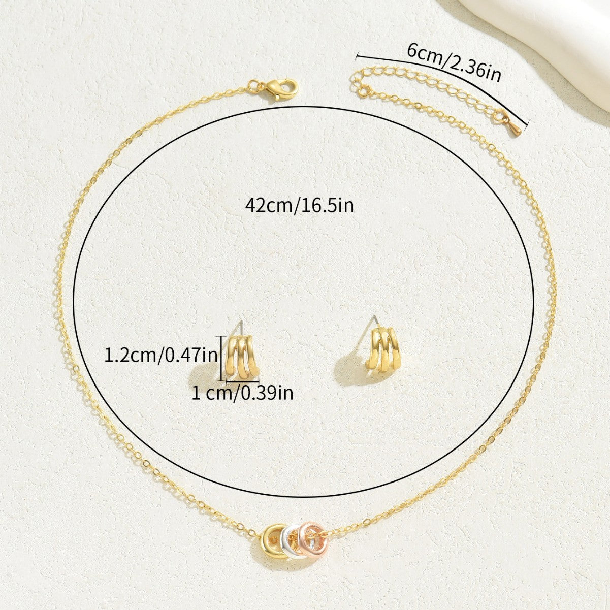 Conjunto de collar y pendientes de diseño geométrico minimalista chapados en cobre para mujer, con diseño de líneas ovaladas y circulares