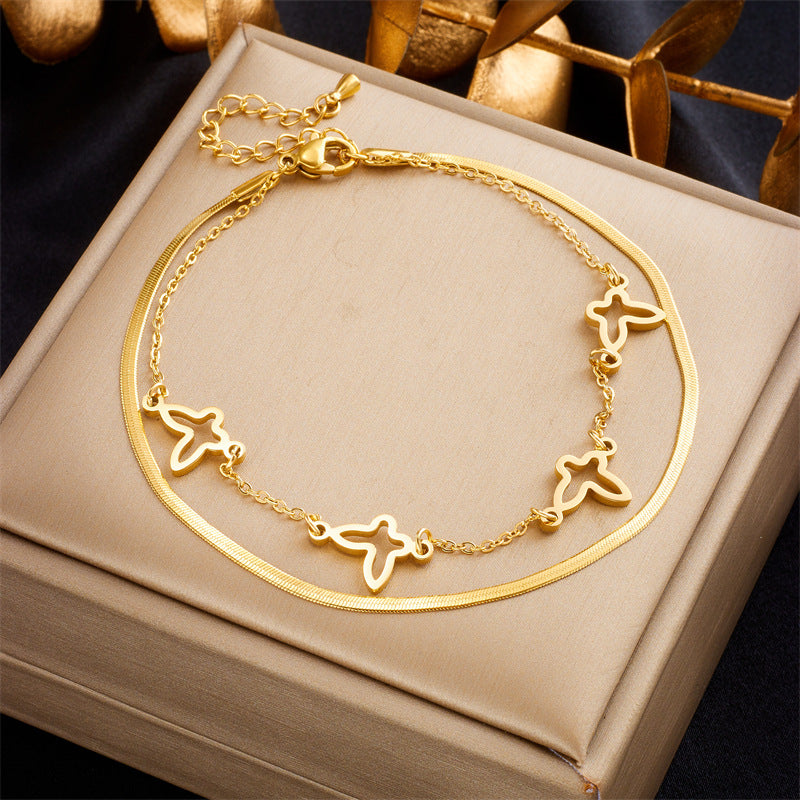 Fashion Minimalist Butterfly-Shaped Hollow Titanium Steel Anklet for Women with Irregular Layered Chain Design