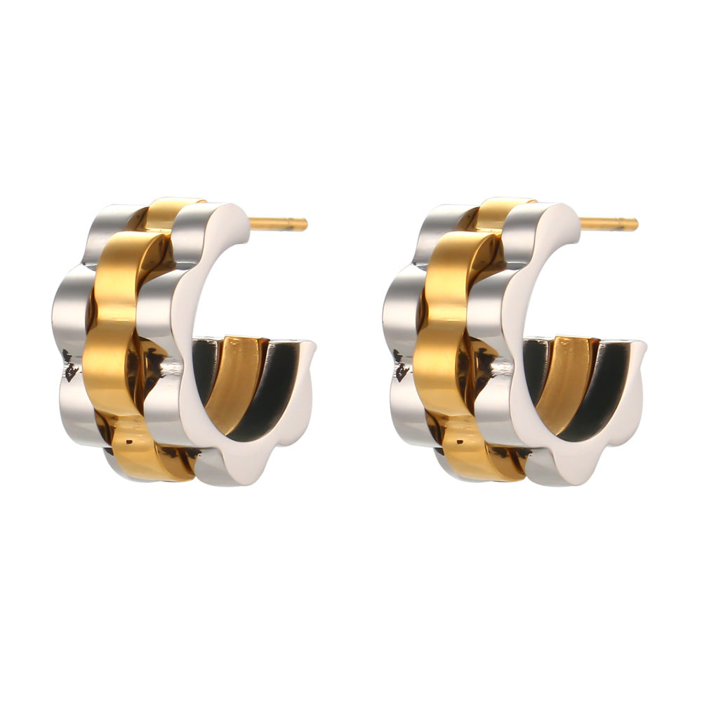 Minimalist Geometric Double-Layer C-Shaped Stainless Steel Hoop Earrings with Plated Finish