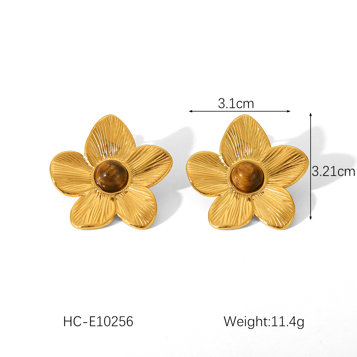 Fashion 18K Gold Plated Textured Five-Petal Flower Stainless Steel Stud Earrings for Women