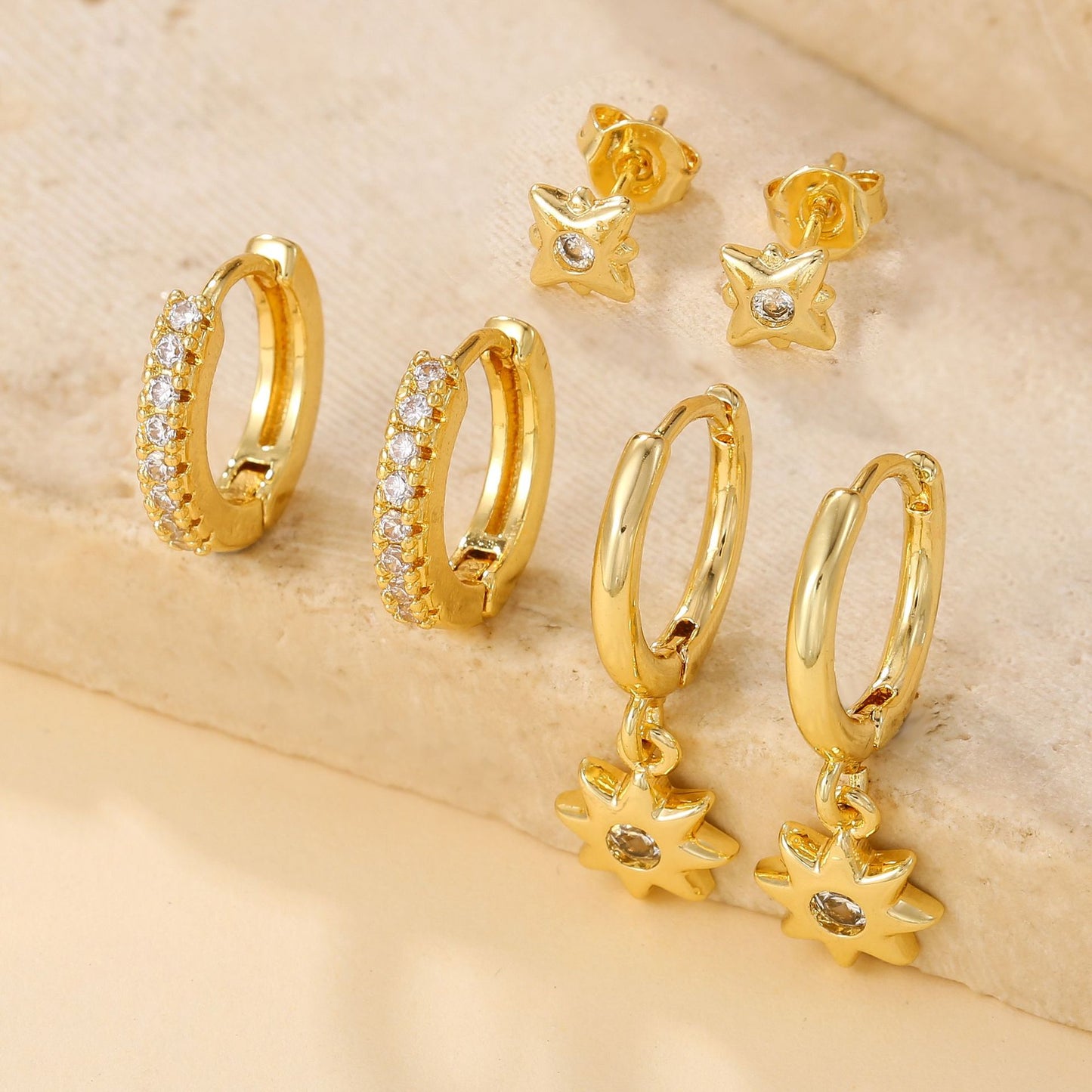 Minimalist Geometric Round Floral Brass Gold Plated Cubic Zirconia Earring Set for Women