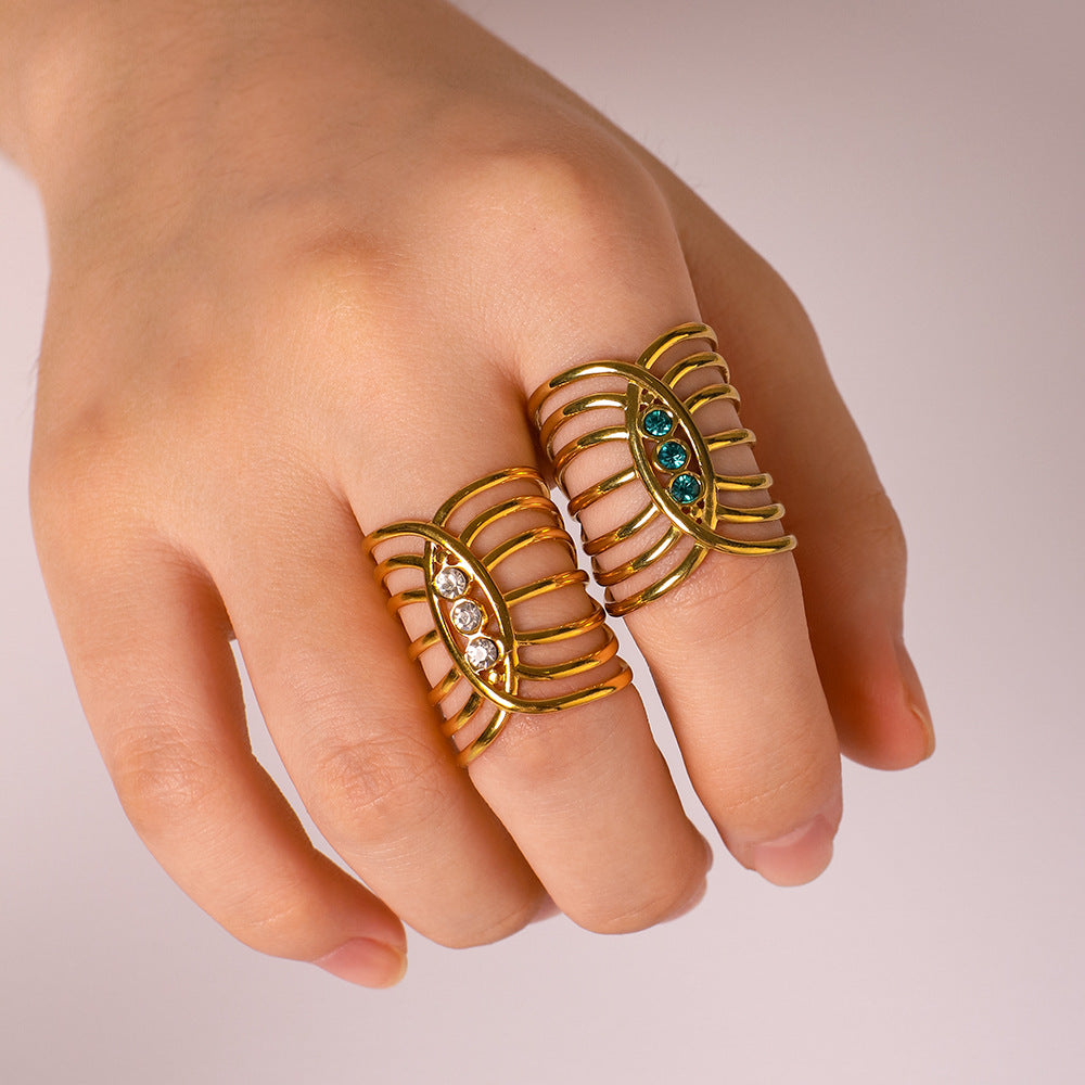 Geometric Stainless Steel Ring with 18K Gold Plating and Zircon Inlay for Women — Hypoallergenic, Fade-Resistant Statement Jewelry