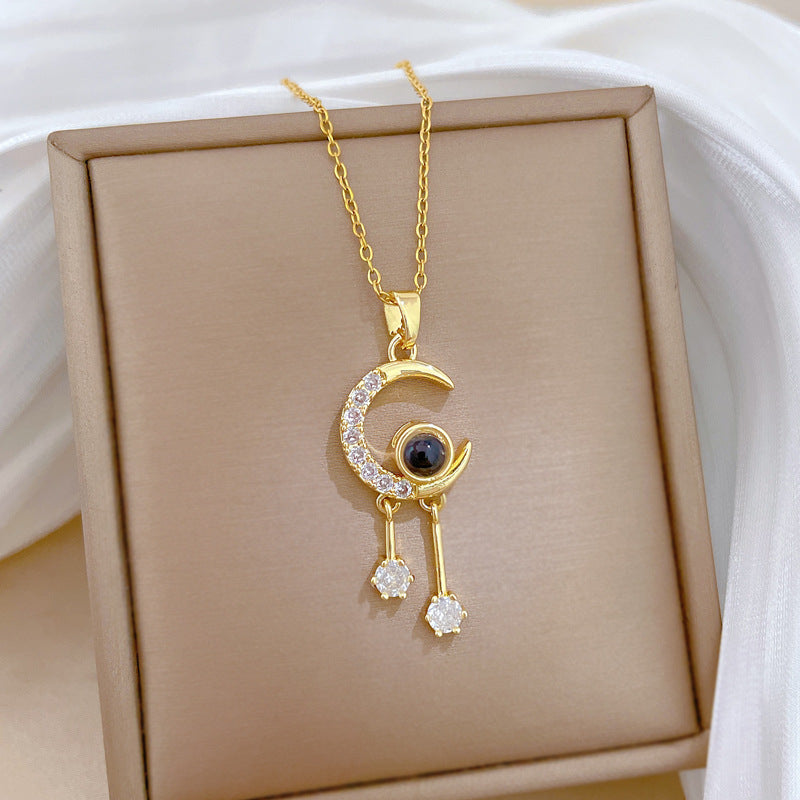 Sweet Luxury Moon Rhinestone Tassel Projection Necklace Titanium Steel Unisex