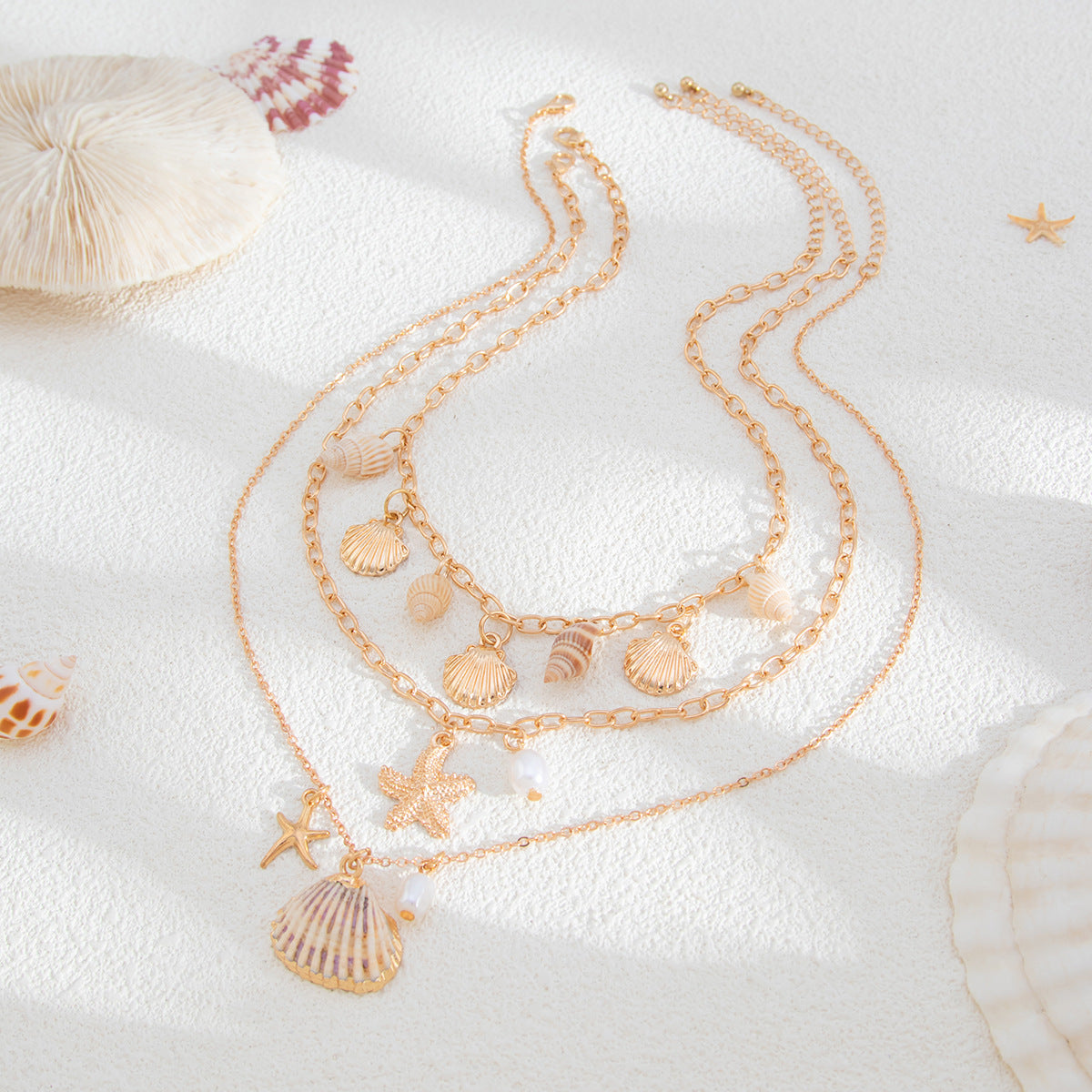Bohemian Vintage Multi-Layer Plated Alloy Geometric Shell Starfish Pendant Necklace for Women
