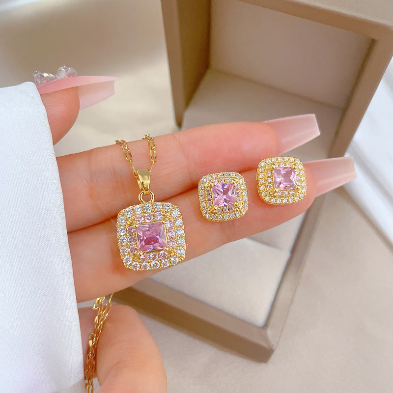 Luxury Titanium Steel Geometric Square Pendant Necklace and Earrings Set with Rhinestone Inlay for Women Formal Events
