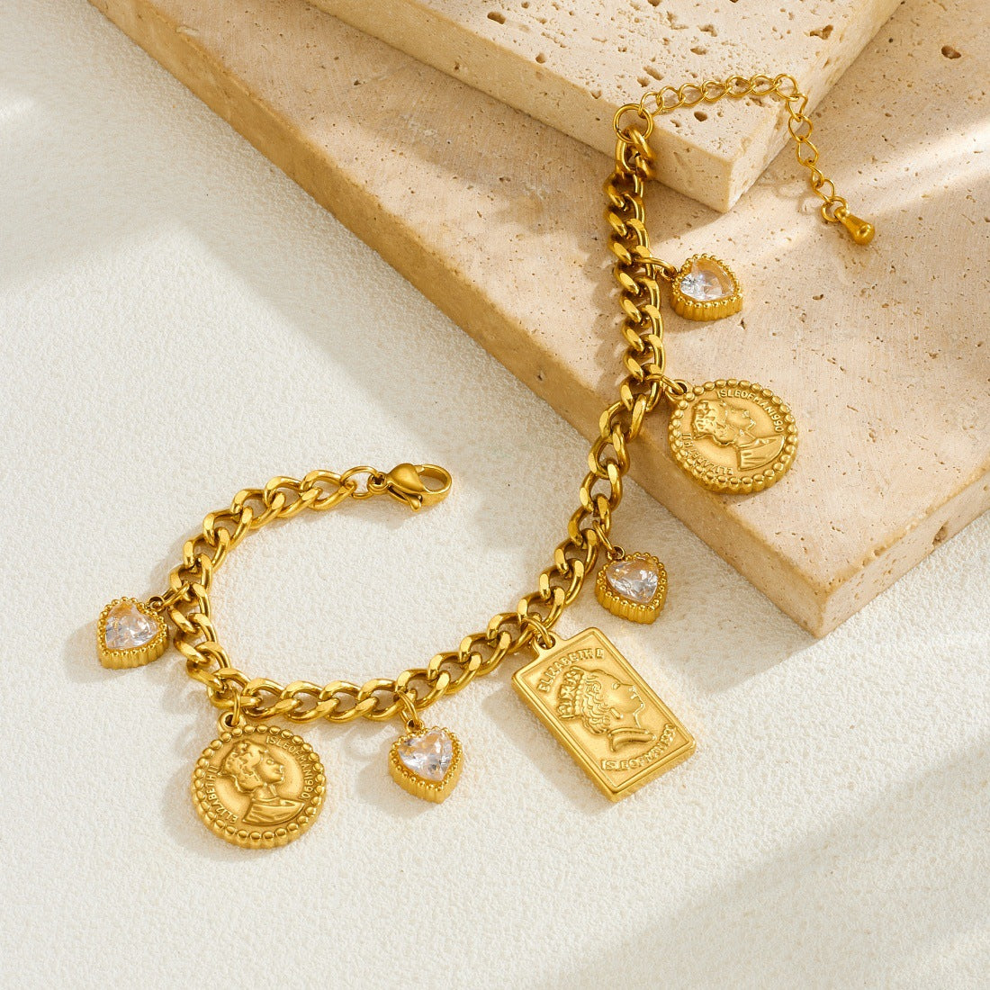 Elegant Gold Plated Geometric Round Square Heart Rhinestone Inlay Stainless Steel Pendant Bracelet