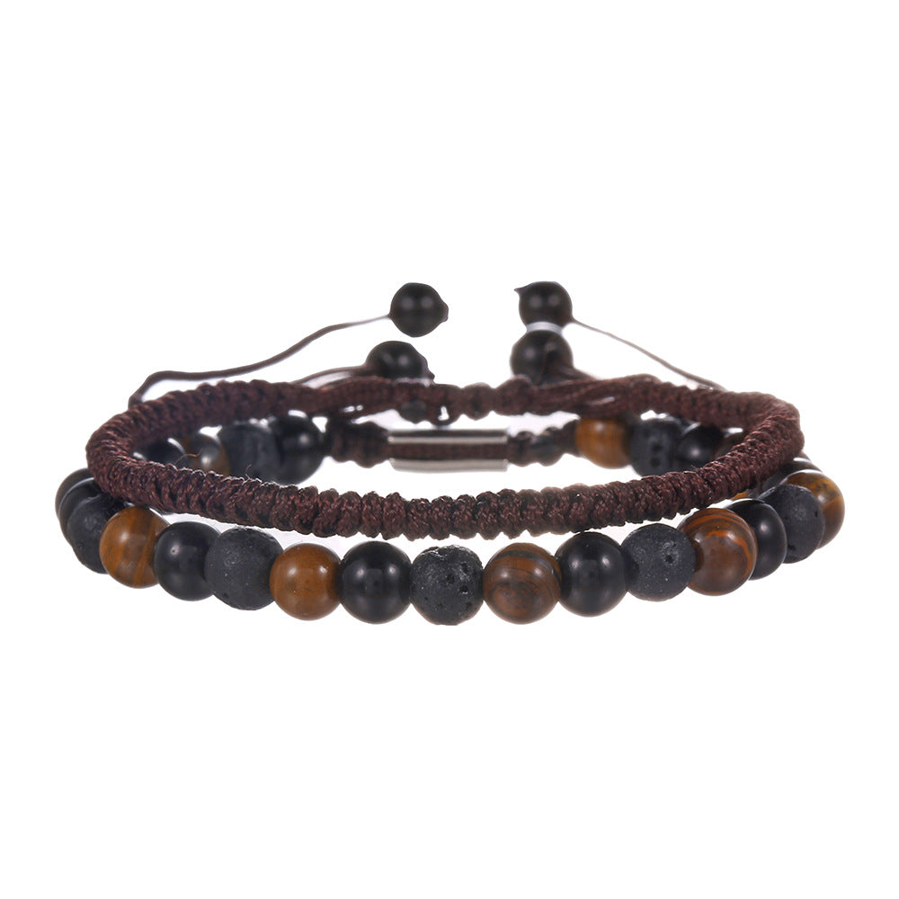 Adjustable Men's Geometric Stone Bracelet with Lava Rock Turquoise and Tiger Eye Beads Handmade Bohemian Style