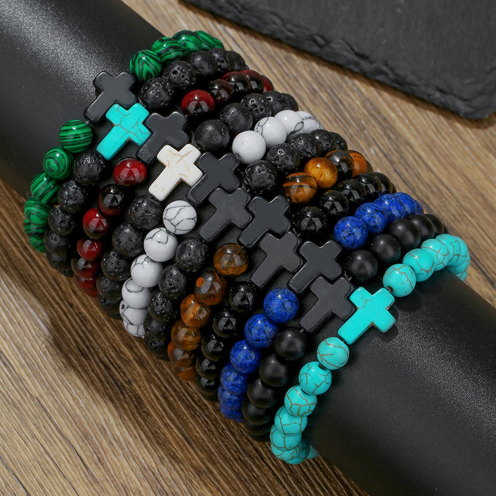 Handmade Geometric Cross Turquoise Tiger Eye Obsidian Lapis Lazuli Beaded Bracelet Unisex
