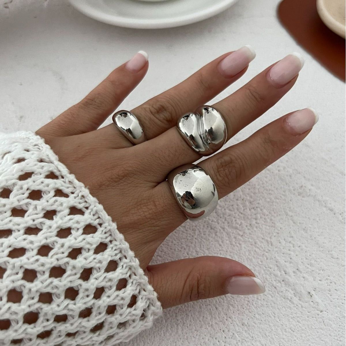 Geometric Smooth Plated Alloy Ring Set for Women