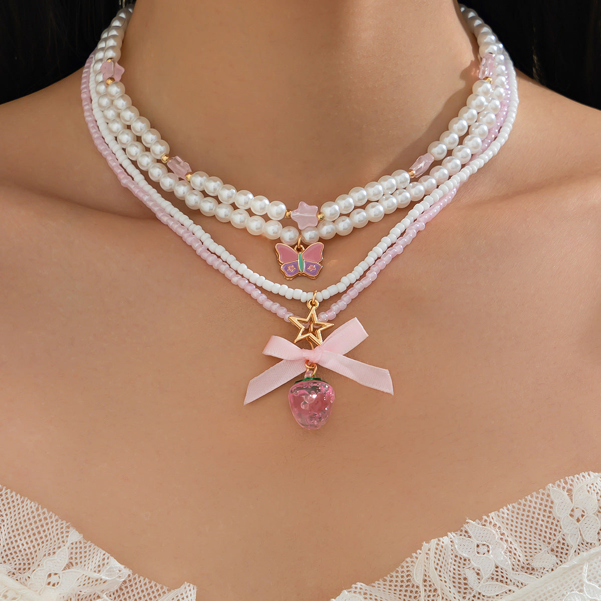 Sweet Strawberry Pendant Multi-Layer Alloy Necklace with Imitation Pearl Beads for Women
