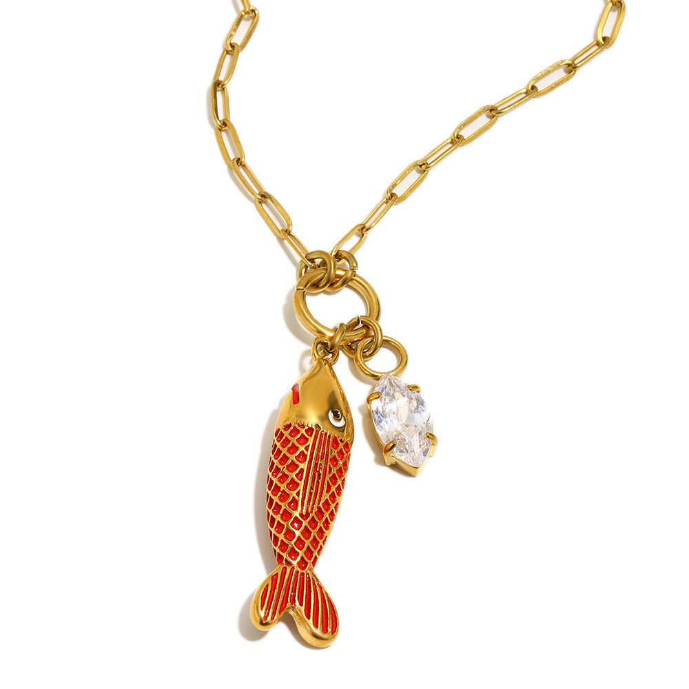 Elegant Luxury 18K Gold Plated Stainless Steel Drip Oil Fish Pendant Necklace with Cubic Zirconia for Women