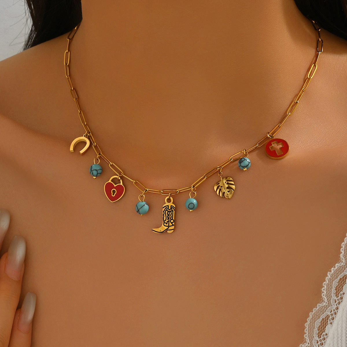 Collana Chic a Pendente Geometrico da Donna con Intarsio Turchese in Lega, Catena Minimalista per Clavicole