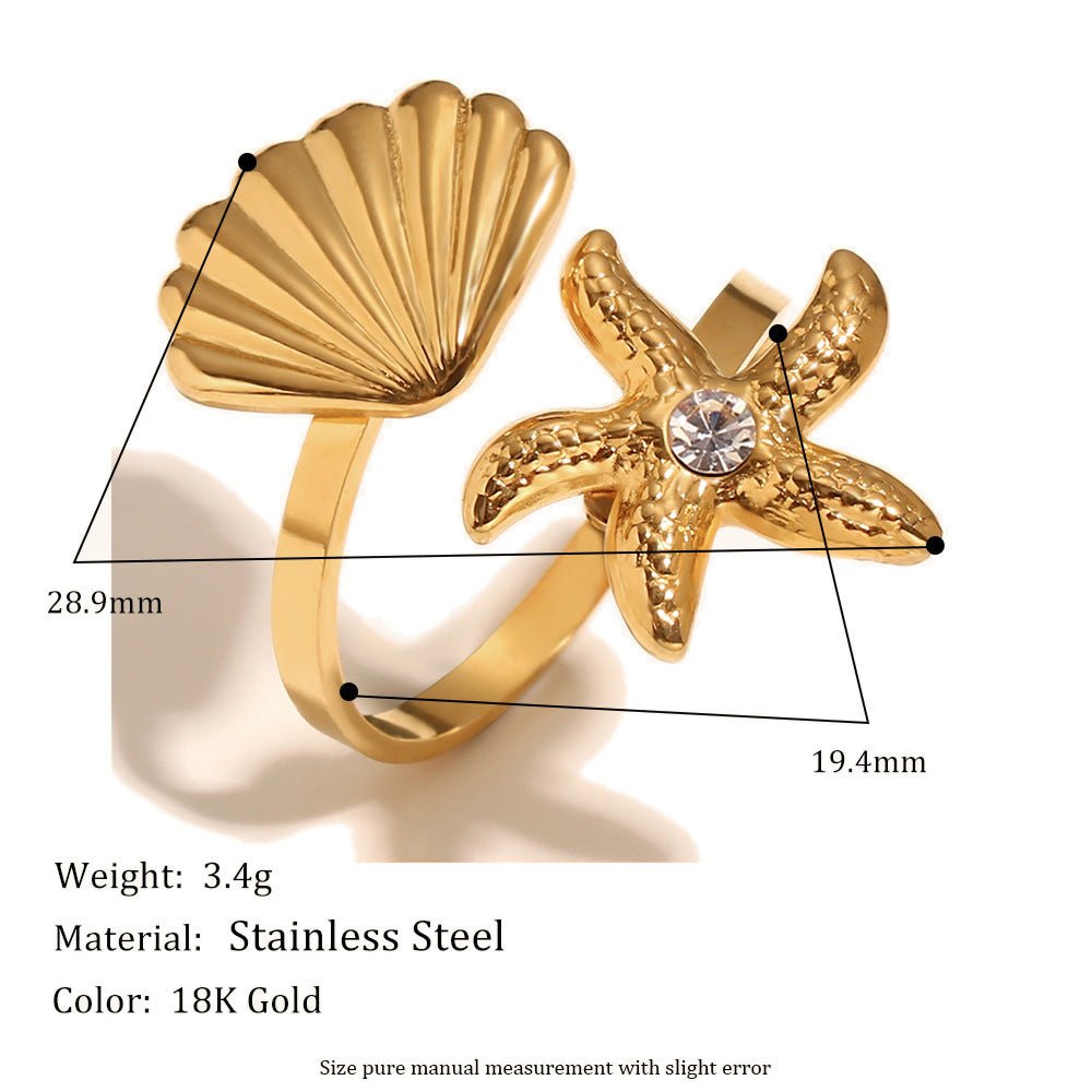 Anillo de Corazón Abierto de Acero Inoxidable con Baño de Oro de 18K y Motivo de Concha, Estilo Vacacional Oceánico y de Moda