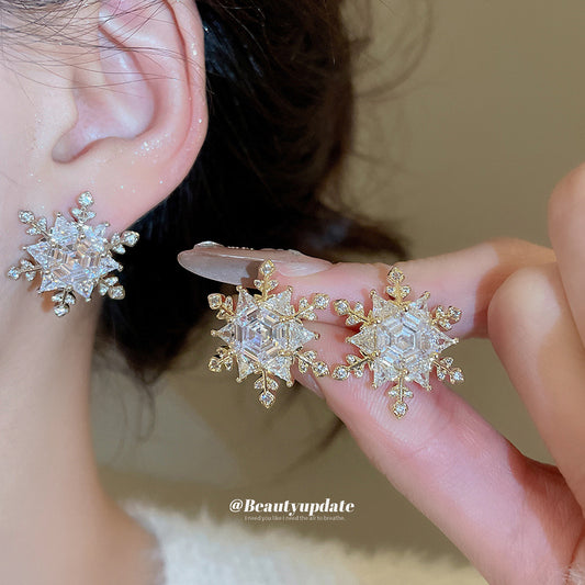 Elegant Snowflake-Shaped Geometric Earrings with Cubic Zirconia Inlay on 925 Sterling Silver Posts for Women