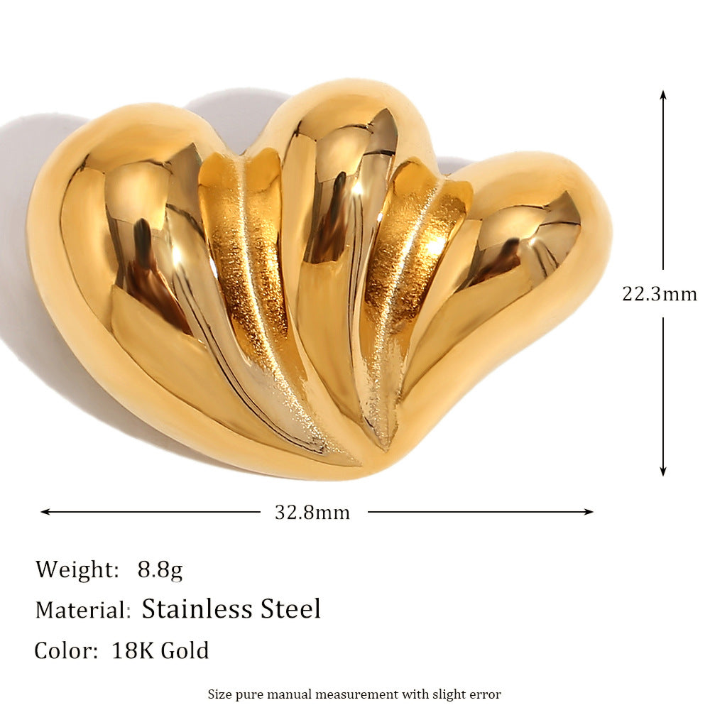 Geometric Heart-Shaped Stainless Steel Brooch with 18K Gold Plating and Oval Textured Surface