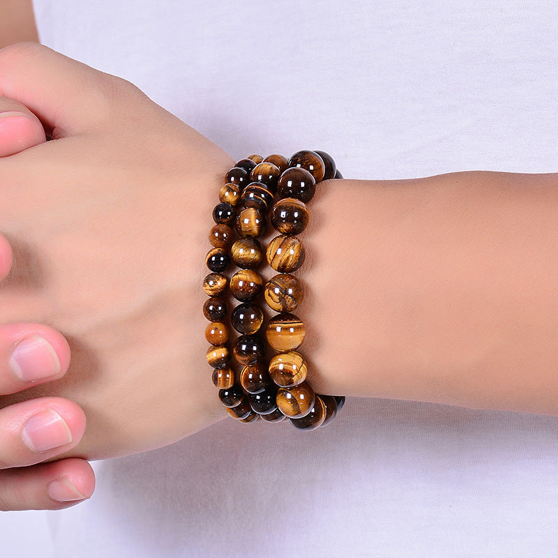 Fashion Elegant Natural Tiger's Eye Round Beaded Bracelet Unisex Geometric Handmade Single Loop Bangle
