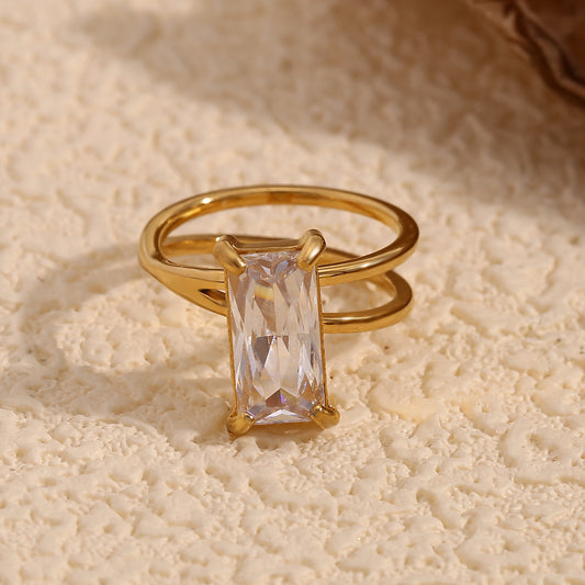 Minimalist Geometric Stainless Steel Ring with 18K Gold Plating Double-Layer Asymmetric Rectangular Crystal Accent