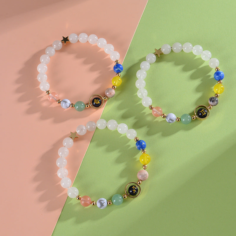 Unisex Blue Sandstone Beaded Bracelet with Zodiac Constellation Engraving