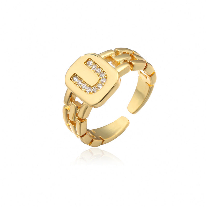 Minimalist Letter Shape Copper Ring with Micro-Pavé Setting Adjustable Geometric Band