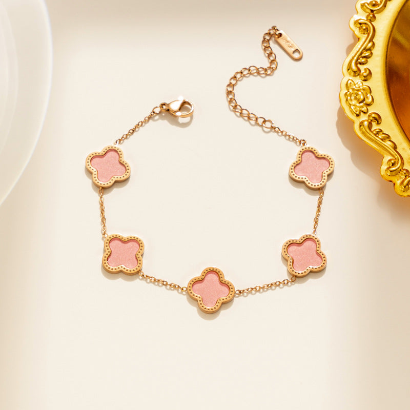 Bracciale in Acciaio al Titanio con Trifoglio a Quattro Foglie Geometrico Leggero di Lusso Placcato Oro Rosa 18K