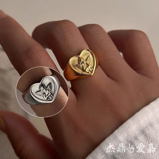 Elegant Geometric Angel Plated Titanium Steel Ring for Women